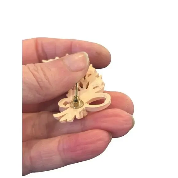 Vintage Carved Celluloid Floral Brooch Peach Rose Spray 1930s 1940s Pin - Picture 3 of 10
